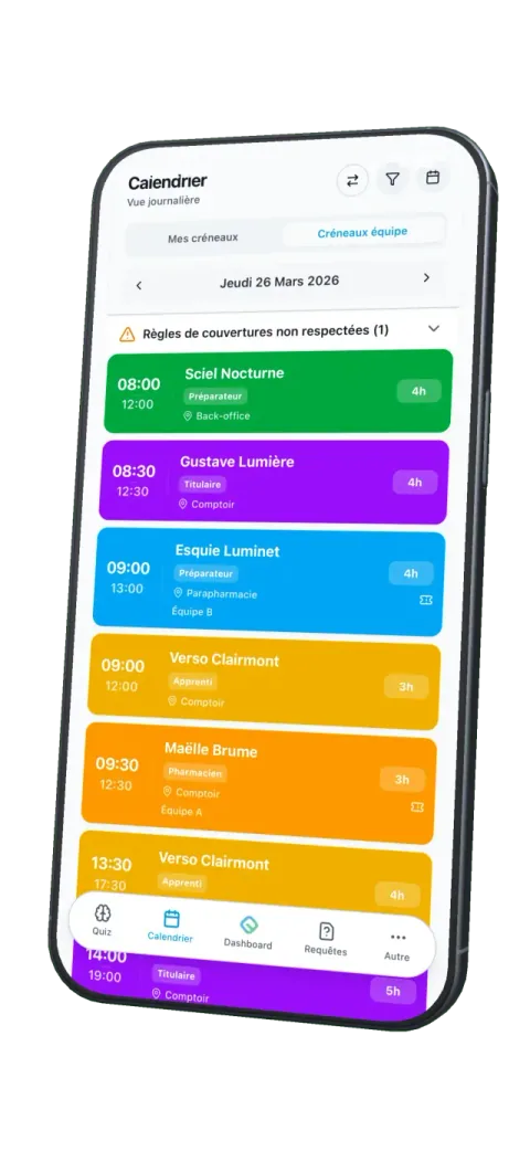Application mobile FlowPharm : vue journalière du planning de l’équipe